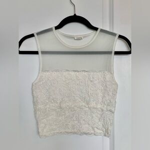 White Lace Crop Top with  Mesh Neckline